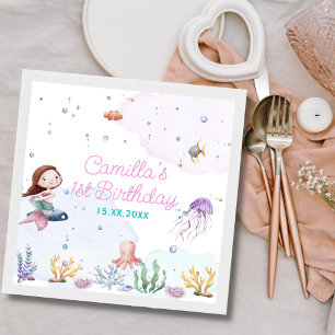 Mermaid Girl 1st Birthday Party Napkins