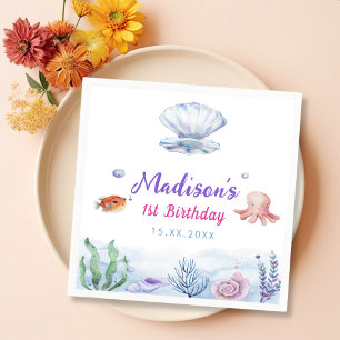 Mermaid Girl 1st Birthday Party Napkins