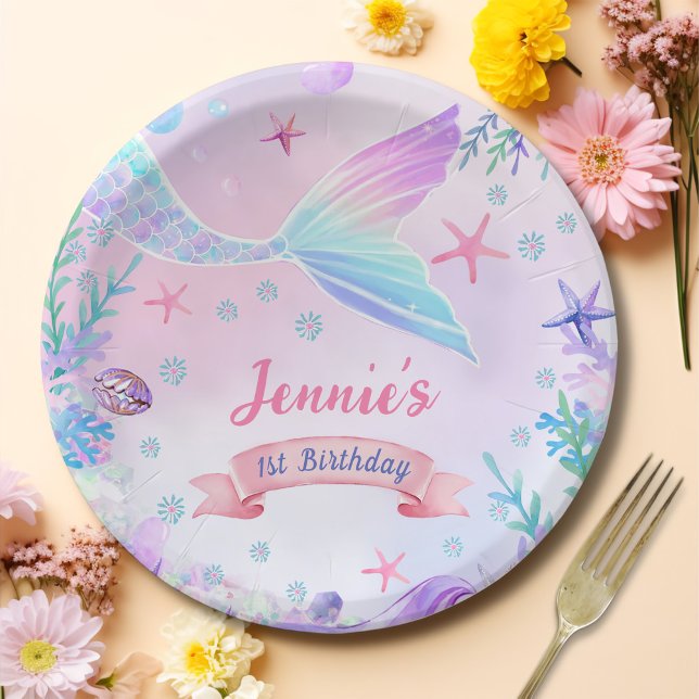 Mermaid Girl 1st Birthday Party Paper Plates (Creator Uploaded)