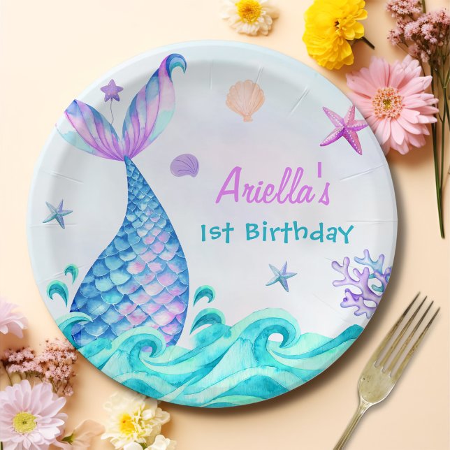Mermaid Girl 1st Birthday Party Paper Plates (Creator Uploaded)