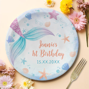 Mermaid Girl 1st Birthday Party Paper Plates