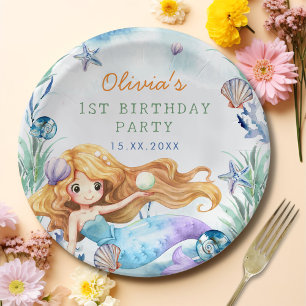 Mermaid Girl 1st Birthday Party Paper Plates