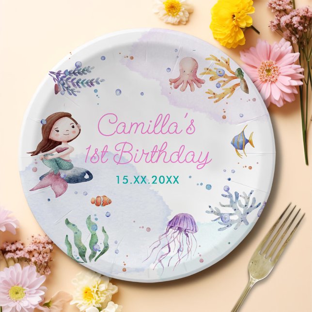 Mermaid Girl 1st Birthday Party Paper Plates (Creator Uploaded)