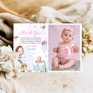 Mermaid Girl 1st Birthday Party Photo Thank You Card