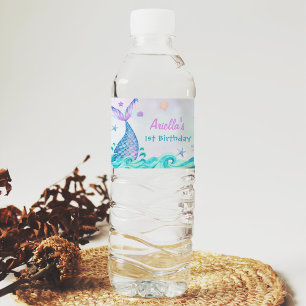 Mermaid Girl 1st Birthday Party Water Bottle Label