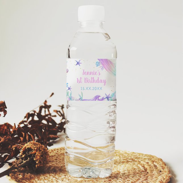 Mermaid Girl 1st Birthday Party  Water Bottle Label (Creator Uploaded)