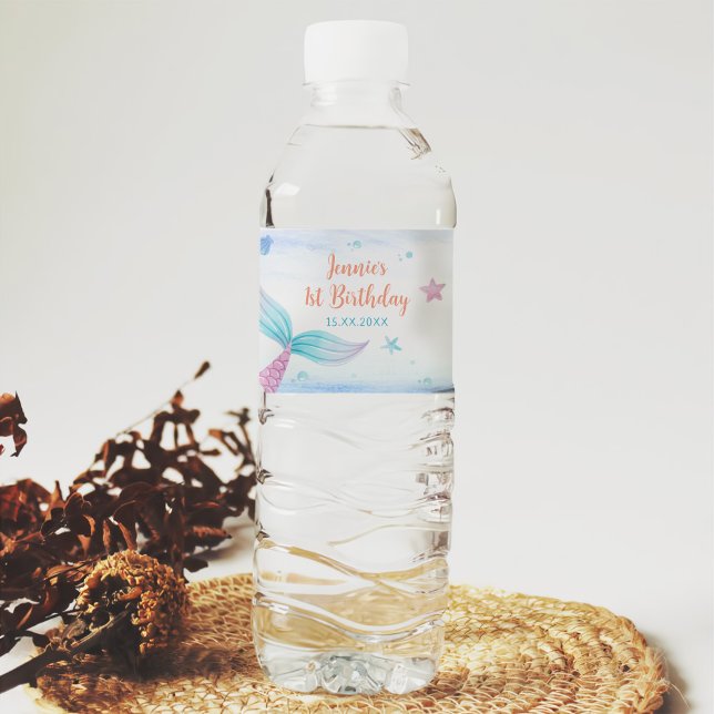 Mermaid Girl 1st Birthday Party  Water Bottle Label (Creator Uploaded)