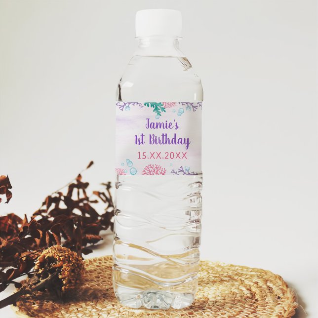 Mermaid Girl 1st Birthday Party  Water Bottle Label (Creator Uploaded)