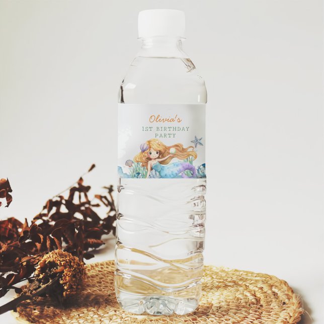 Mermaid Girl 1st Birthday Party  Water Bottle Label (Creator Uploaded)