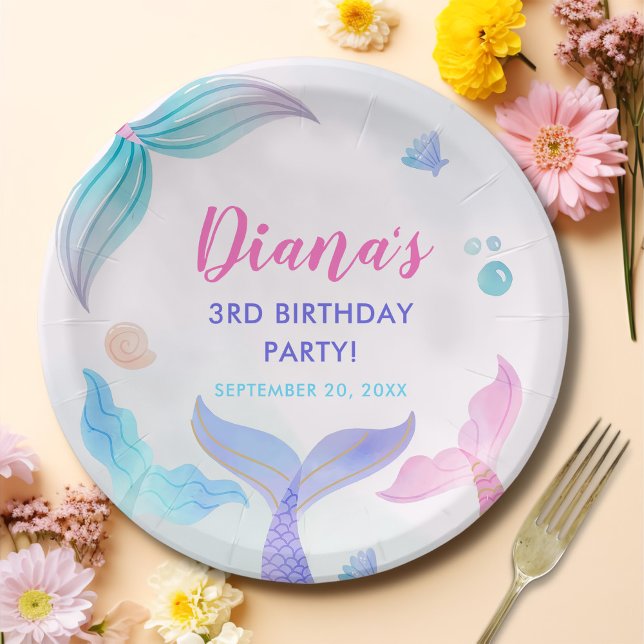Mermaid Girl 3rd Birthday Party Paper Plates (Creator Uploaded)