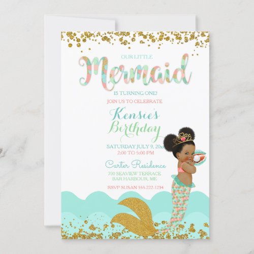 Mermaid Girl African American Girl Peach Mint Gold Invitation