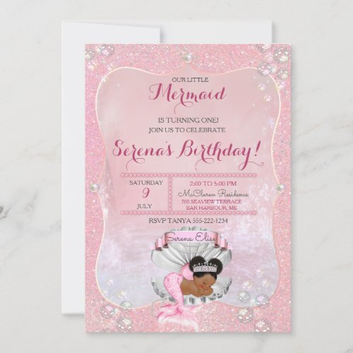 Mermaid Girl African American Pink Pearls Shell Invitation