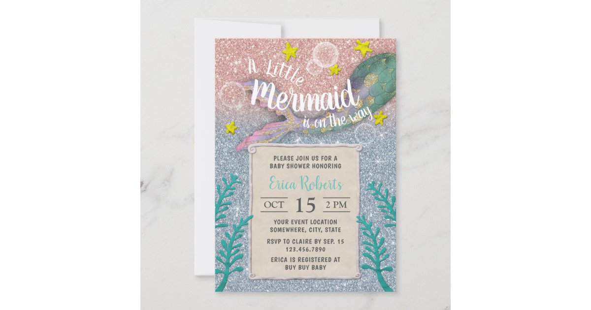 Mermaid Girl Baby Shower Rose Gold Blue Glitter Invitation | Zazzle
