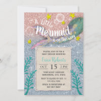 Mermaid Girl Baby Shower Rose Gold Blue Glitter Invitation