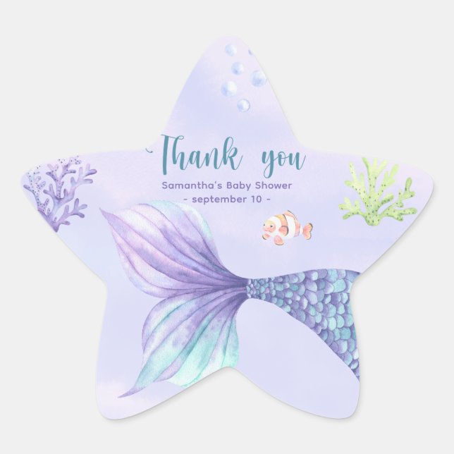 Mermaid Girl Baby Shower Thank you Star Sticker (Front)