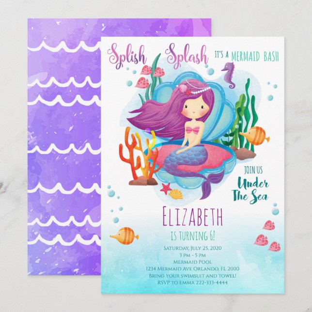 Mermaid Girl Birthday Invitation (Front/Back)