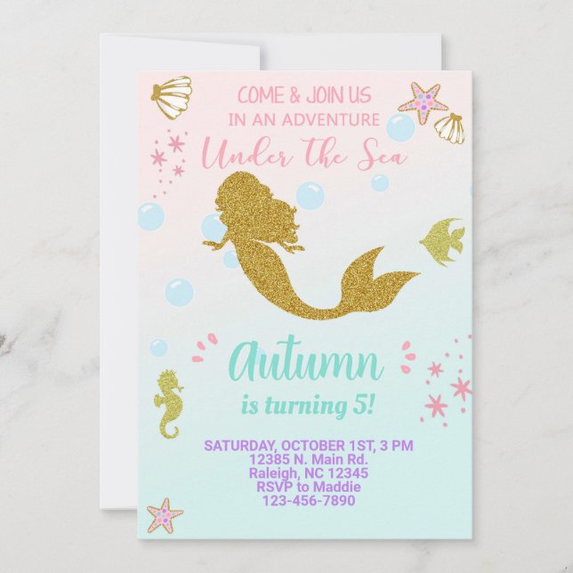 Mermaid girl birthday invitation, gold. invitation (Front)