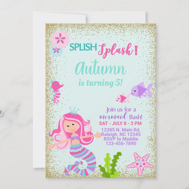 Mermaid girl birthday invitation, splish splash. invitation (Front)