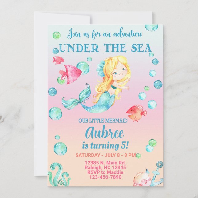 Mermaid girl birthday invitation, under the sea. invitation (Front)