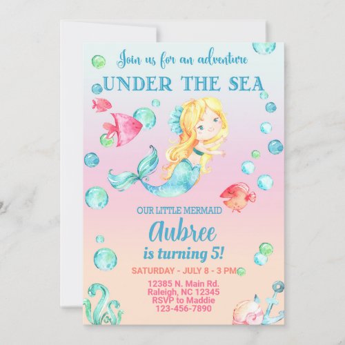 Mermaid girl birthday invitation under the sea invitation