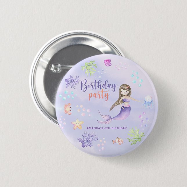 Mermaid Girl Birthday Party Button (Front & Back)