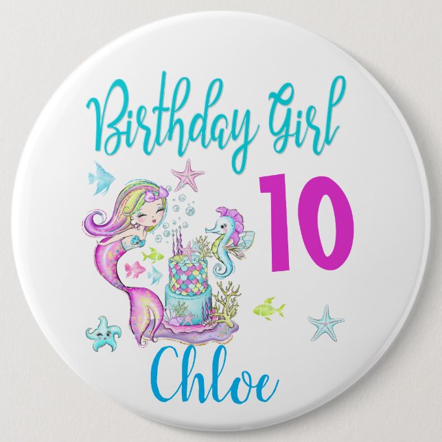 Mermaid Girl Birthday Party Group Matching Theme  Button (Front)