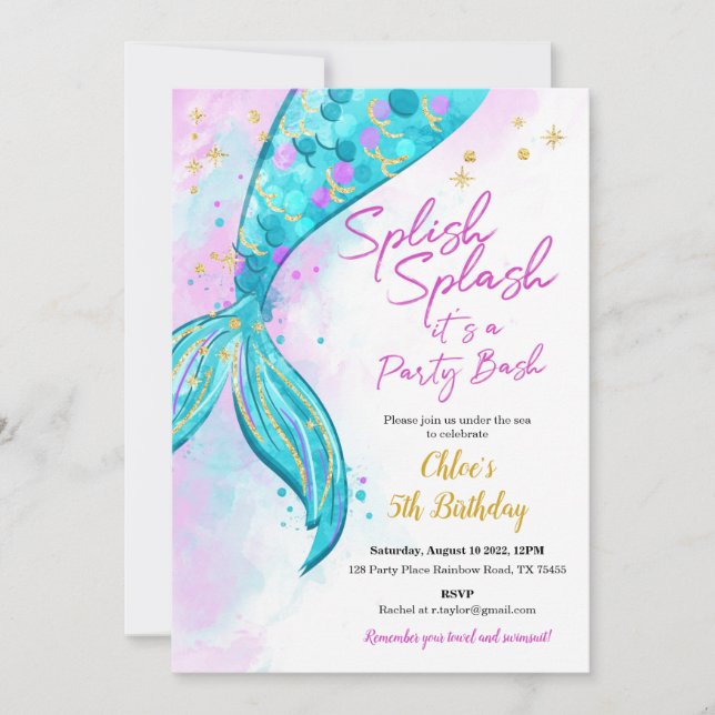 Mermaid Girl Birthday Party Invitation  (Front)