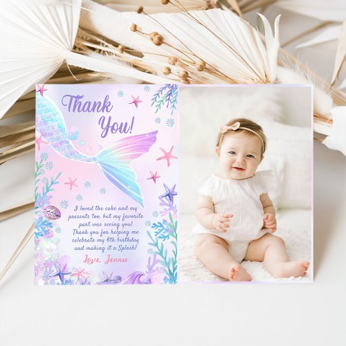 Mermaid Girl Birthday Party Photo Thank You Card