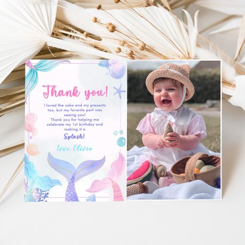 Mermaid Girl Birthday Party Photo Thank You Card