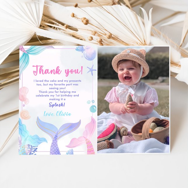 Mermaid Girl Birthday Party Photo Thank You Card (Creator Uploaded)