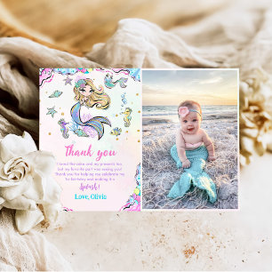 Mermaid Girl Birthday Party Photo Thank You Card