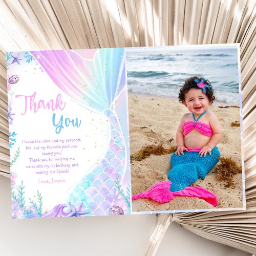 Mermaid Girl Birthday Party Photo Thank You Card