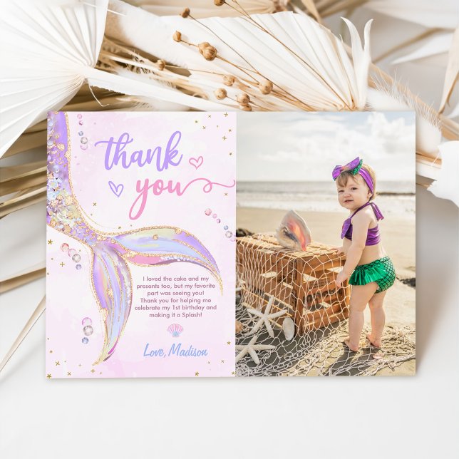 Mermaid Girl Birthday Party Photo Thank You Card (Creator Uploaded)
