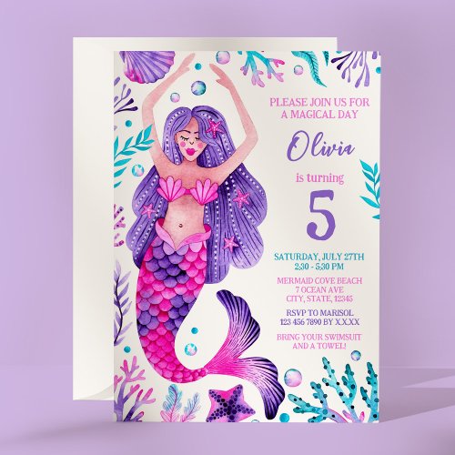 Mermaid Girl Birthday Pink and Purple Party  Invitation