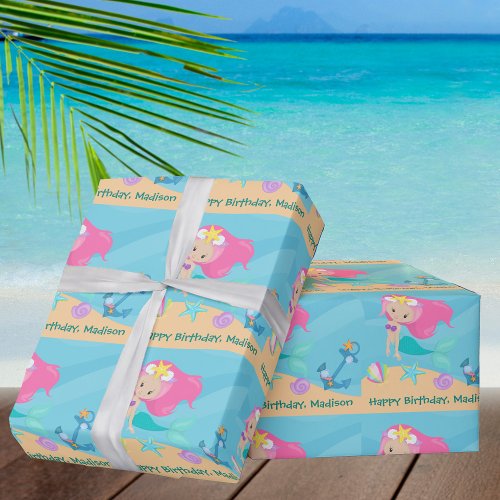 Mermaid Girl Birthday Pretty Personalized Beach Wrapping Paper