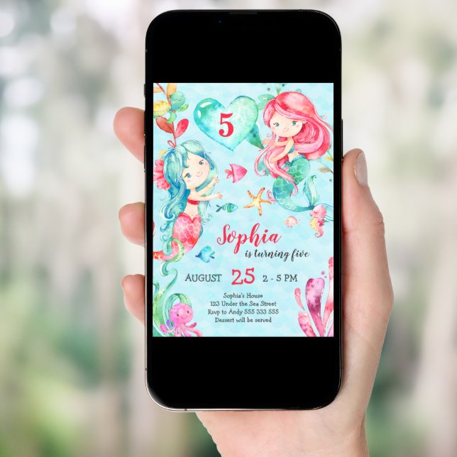 Mermaid Girl Birthday Under the Sea Cute Teal Pink Invitation (Front Digital)