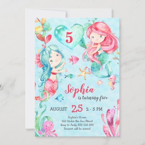 Mermaid Girl Birthday Under the Sea Cute Teal Pink Invitation