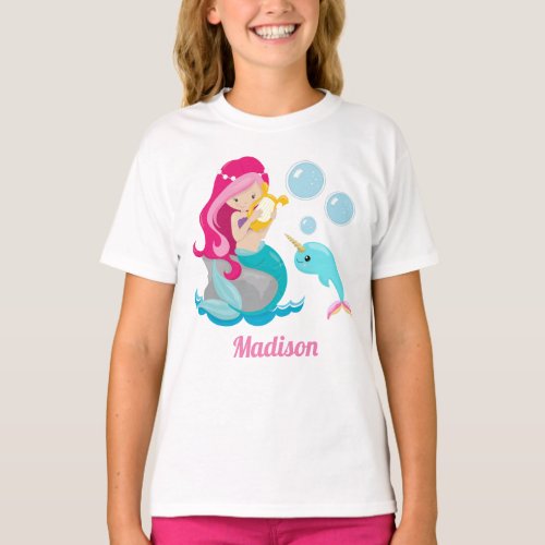 Mermaid Girl Cute Beach Birthday Monogram Kids T_Shirt