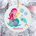 Mermaid Girl Cute Beach Narwhal Monogram Kids Ceramic Ornament<br><div class="desc">Customize this beautiful pink haired mermaid girls Christmas ornament by adding your kid's name. Cute mermaid design with pretty underwater ocean narwhal and under the sea bubbles. Cute gift for a beach or pool outing in the summer.</div>