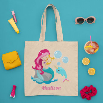 Mermaid Girl Cute Beach Narwhal Monogram Kids Tote Bag by epicdesigns at Zazzle