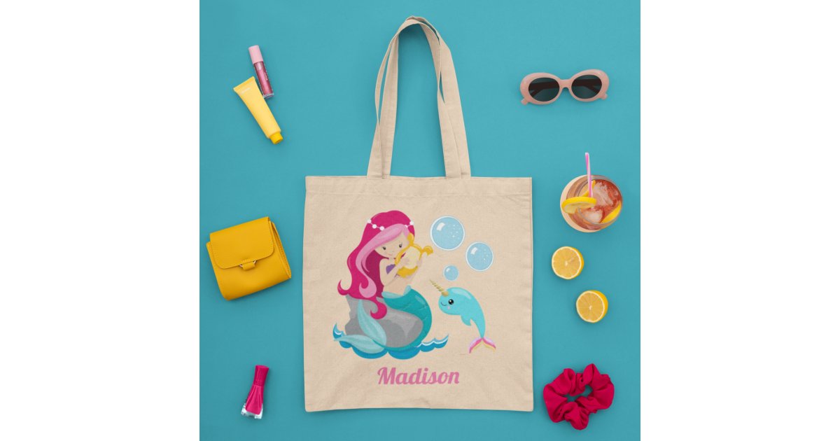 Mermaid Girl Cute Beach Narwhal Monogram Kids Tote Bag