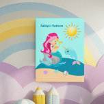 Mermaid Girl Cute Custom Beach House Kids Bedroom Faux Canvas Print<br><div class="desc">Cute custom mermaid faux canvas print personalized for a little girl. Customize this children's room decor for a kid with her name in beautiful ocean blue on a pretty teal sky.  The pink haired mermaid plays a harp next to a narwhal and yellow sun on this beach gift.</div>