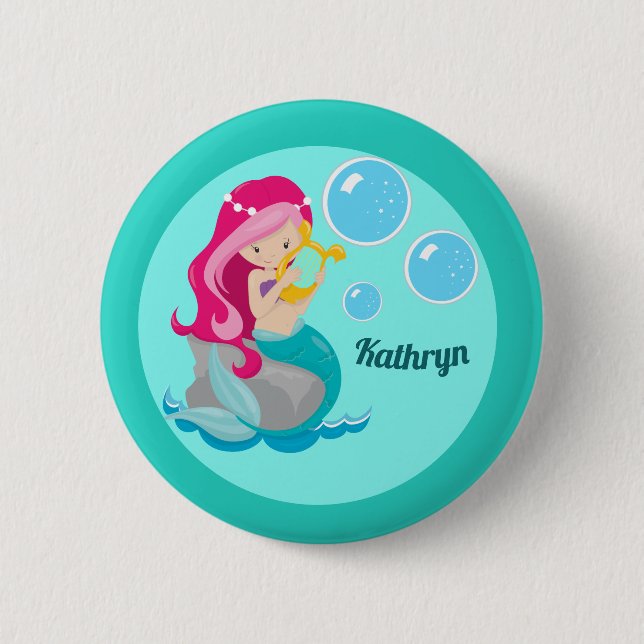 Mermaid Girl Cute Custom Teal Monogram Kids Button (Front)