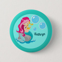 Mermaid Girl Cute Custom Teal Monogram Kids Button