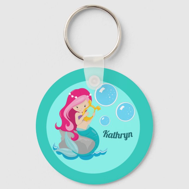 Mermaid Girl Cute Custom Teal Monogram Kids Keychain (Front)