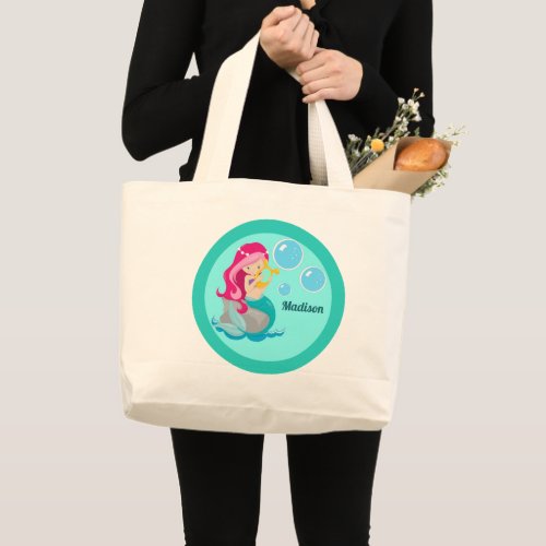 Mermaid Girl Cute Custom Teal Monogram Kids Large Tote Bag