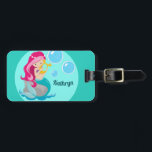 Mermaid Girl Cute Custom Teal Monogram Kids Luggage Tag<br><div class="desc">Cute personalized beach girl luggage tag with a pretty pink haired mermaid with a teal tail holding a beautiful harp next to blue bubbles. Customize with your little girl's name for a nice kids gift.</div>