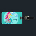 Mermaid Girl Cute Custom Teal Monogram Kids Luggage Tag<br><div class="desc">Cute personalized beach girl luggage tag with a pretty pink haired mermaid with a teal tail holding a beautiful harp next to blue bubbles. Customize with your little girl's name for a nice kids gift.</div>