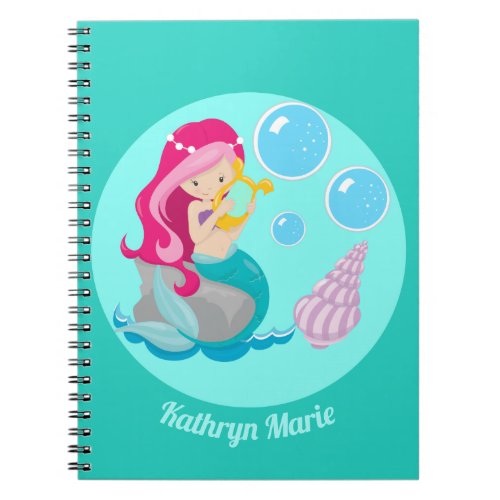 Mermaid Girl Cute Custom Teal Monogram Kids Notebook