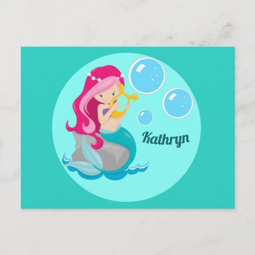 Mermaid Girl Cute Custom Teal Monogram Kids Postcard